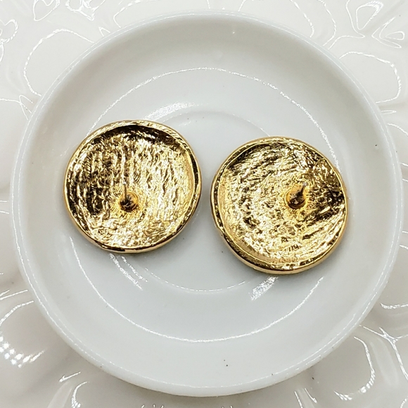 Round Teal Enamel Studs with 3 Vertical Gold Stripes - Picture 3 of 6